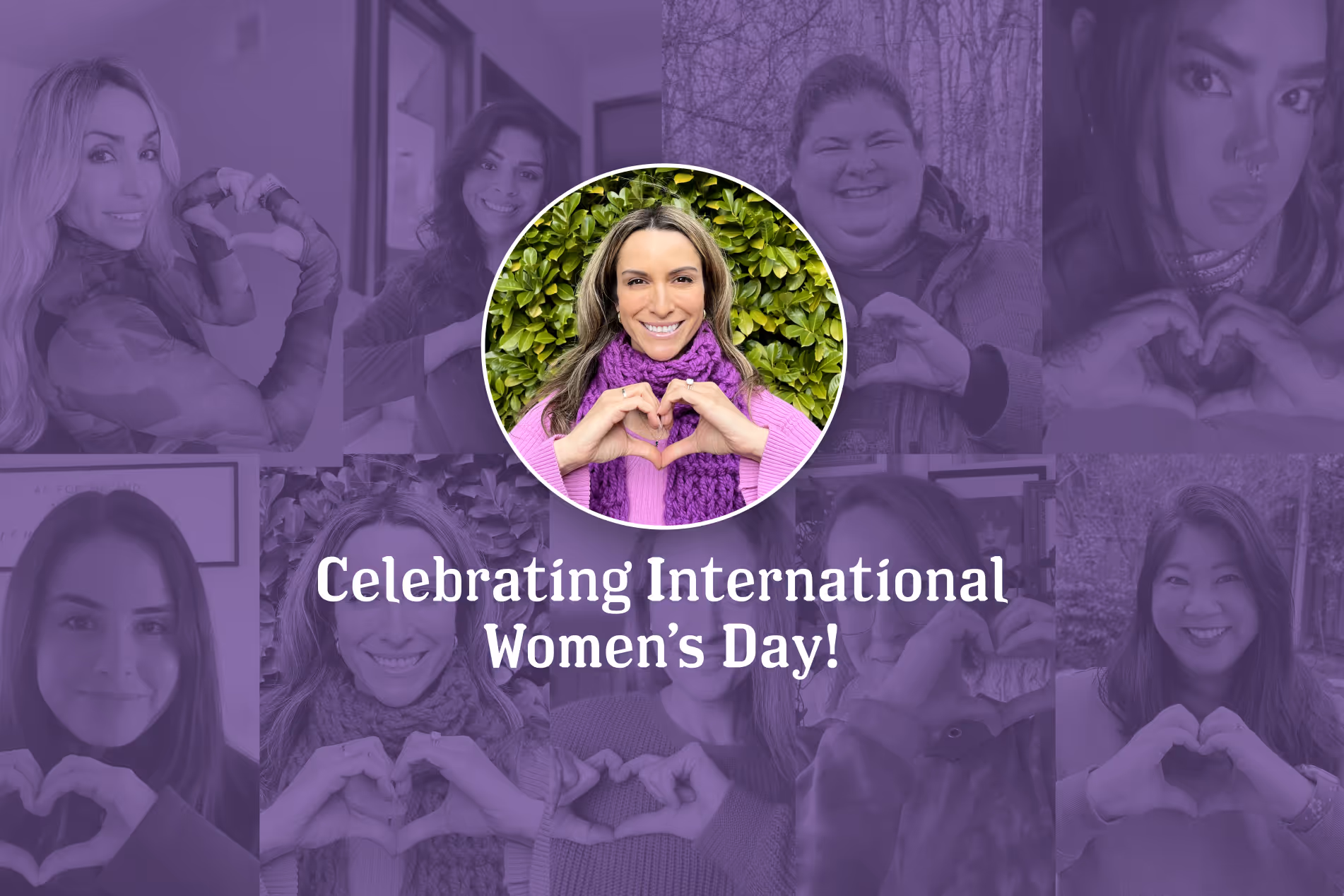 A photo of Awesome, Inc.'s Chief People Office Jill Valenzuela Schapiro forming a heart with her hands, overlaid on a collage of other women employed at Awesome.